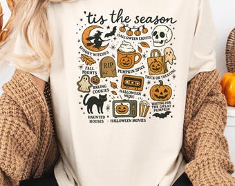 Comfortkleuren Tis the Season-shirt, schattig pompoenshirt, vintage Spooky Season-T-shirt, T-shirts herfstseizoen, gezellig seizoensshirt, Pumpkin Spice-shirt