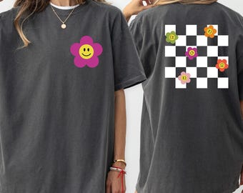 Comfort Colors® Checkered Smile Face Shirt, Smiley Daisy T-shirt, Happy Face Tee, Smile Shirt, Cute Daisy Shirt, Cute Checkered Shirt