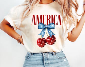 Comfort Colors® 4th of July Coquette Cherry Shirt, 4th July T-shirt, Cute 4th Of July Tee,  Retro 4th July T-shirt, Patriotic Shirt