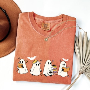 Comfort Colors Halloween Ghost Shirt, Ghost Reading Books Shirt, Halloween Teacher Tee, Cute Little Ghost, Halloween Books Lover Ghost Gift