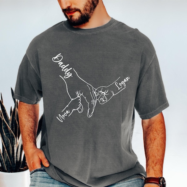Comfort Colors® Custom Dad Hand With Kid Names Tee, Holding Dad Fingers Shirt, Custom Kids Name Shirt, Fathers Day Gift, Gift For Papa