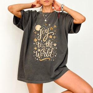 Comfortkleuren Joy to the World-shirt, kerstshirt, retro kerst-T-shirt, feestelijk vakantieshirt, christelijk kerstshirt, Jezus-T-shirt