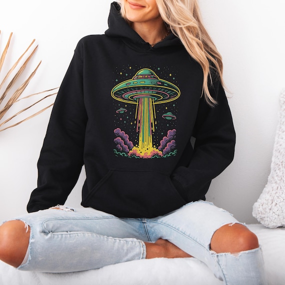 Retro Graphic Alien Sweatshirt, Spooky UFO Sweatshirt, Gift For Alien Lover, Alien Abduction, Alien Spaceship Hoodie, Paranormal UFO Hoodie