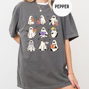 Comfort Colors Cute Ghost Reading Book Halloween Shirt, Bookish Halloween Shirt, Teacher Librarian Halloween Gift,Ghost Girly Halloween Gift