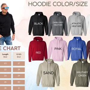 May include: A range of hooded sweatshirts in colours such as black, red, and pink. A size chart shows measurements in inches for length and width. The text "HOODIE COLOR/SIZE" is at the top of the image.