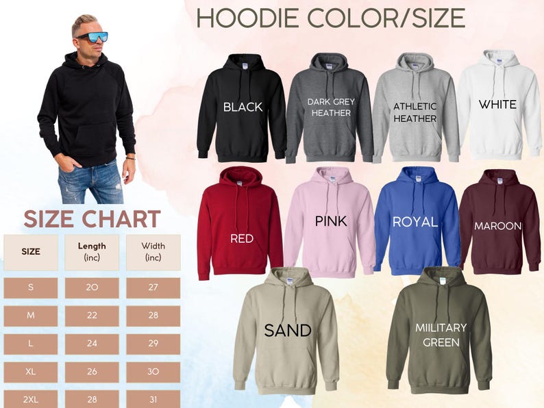 May include: A range of hooded sweatshirts in colours such as black, red, and pink. A size chart shows measurements in inches for length and width. The text "HOODIE COLOR/SIZE" is at the top of the image.