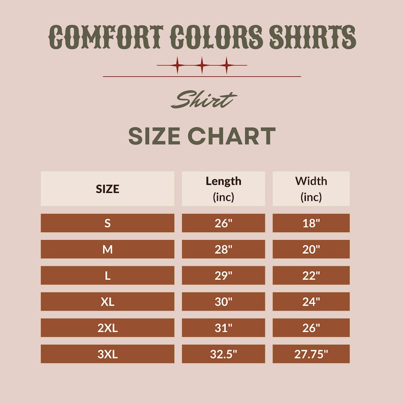 the size chart for comfort colors shirts