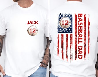 Comfort Colors Custom Baseball Dad USA Flag Shirt, Baseball Dad Shirt, Baseball Dad Shirt With Kids Number and Name, Father's Day Shirt