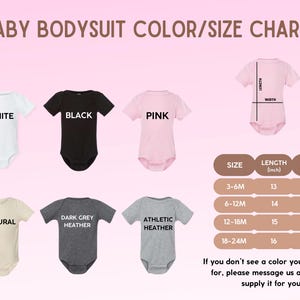 May include: A color and size chart for baby bodysuits. The chart shows the different colors available, including white, black, pink, natural, dark grey heather, and athletic heather. The chart also shows the different sizes available, including 3-6 months, 6-12 months, 12-18 months, and 18-24 months. The chart includes the length and width measurements in inches for each size.