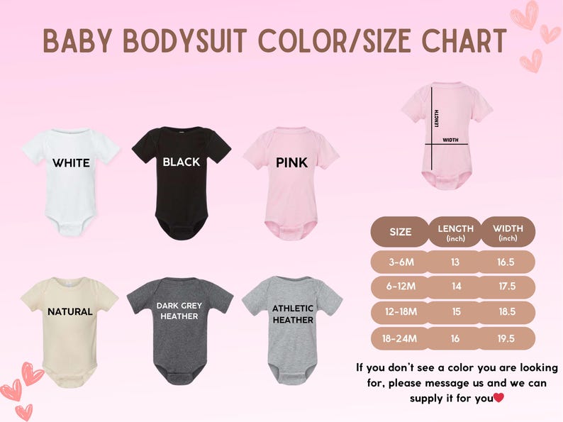 May include: A color and size chart for baby bodysuits. The chart shows the different colors available, including white, black, pink, natural, dark grey heather, and athletic heather. The chart also shows the different sizes available, including 3-6 months, 6-12 months, 12-18 months, and 18-24 months. The chart includes the length and width measurements in inches for each size.