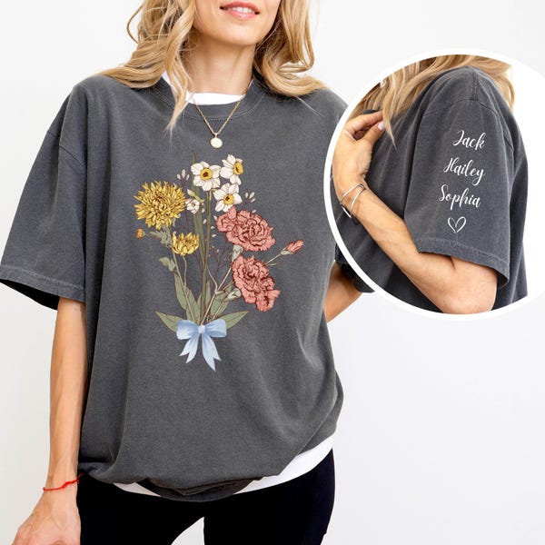 Comfort Colors® Custom Birth Month Flower Bouquet Mom Shirt, Mom's Garden Shirt, Floral Mom T-shirt, Custom Kids Name Tee, Custom Gift Shirt
