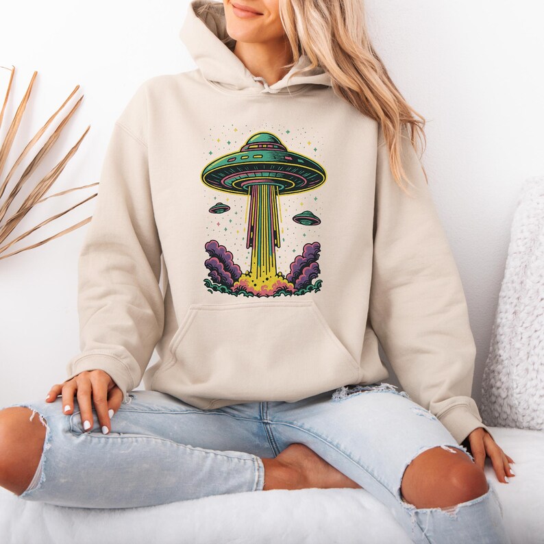 Retro grafisk Alien-tröja, kuslig UFO-tröja, present till Alien-älskare, Alien-bortförande, Alien-rymdskepps-tröja, Paranormal UFO-tröja bild 3