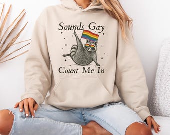 Klinkt Gay Count Me In Racoon-sweater, Sarcastic Pride Month LGBT-sweater, Pride Racoon-sweater, cadeau voor LGBTQ+-gemeenschap