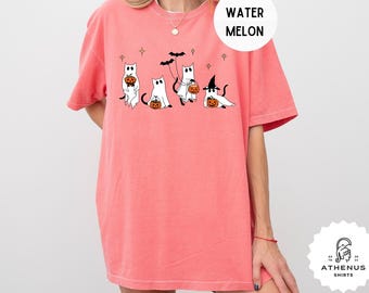 Camiseta con gato fantasma de Comfort Colors®, camiseta con gato de Halloween, camiseta con gato negro, camiseta para amantes de los gatos, camiseta con gato fantasma, camiseta divertida con gato fantasma, linda