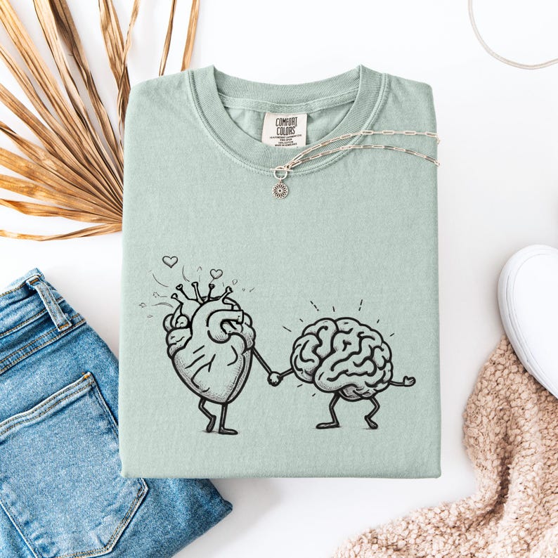 Maglietta per la consapevolezza della salute mentale Comfort Colors®, maglietta motivazionale, la salute mentale è importante, maglietta con un cuore e un cervello carino, maglietta con uno psicologo scolastico immagine 2