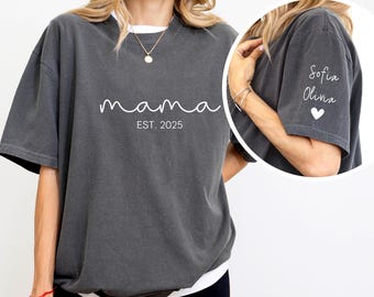 Comfort Colors® Custom Mama Est Year Shirt, Personalized Mama Shirt with Kid Names on Sleeve, Mothers Day Gift, Personalized Mama Tee