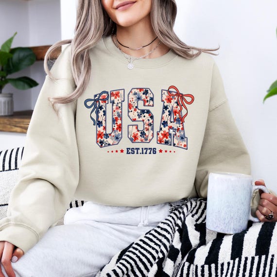 Floral USA Sweatshirt, Coquette Bow 4th Of July Hoodie, Cute 4th Of July Sweatshirt, Retro 4th July Hoodie, USA Est 1776 Sweatshirt