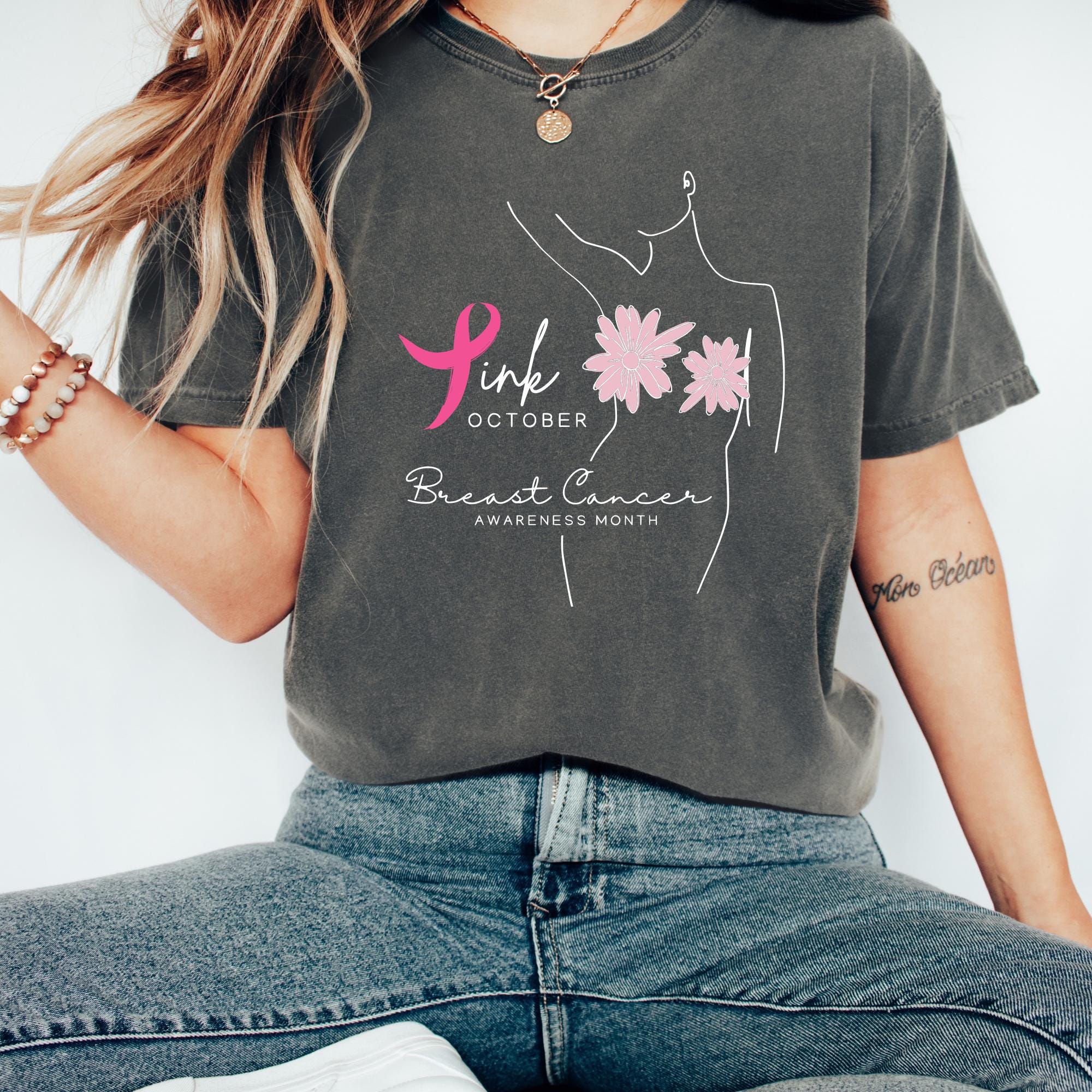 T-shirt Femme Octobre Rose Avec Ruban Cœur Rose - Soutien Cancer Du Sein, Coton Confortable, Cadeau Sensibilisation