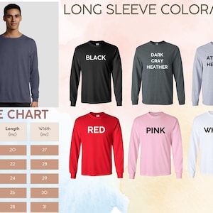 May include: A range of long-sleeved shirts in colours such as black, red, pink, and white. The image includes a size chart with measurements in inches, with lengths from 20 inches to 28 inches and widths from 27 inches to 31 inches.