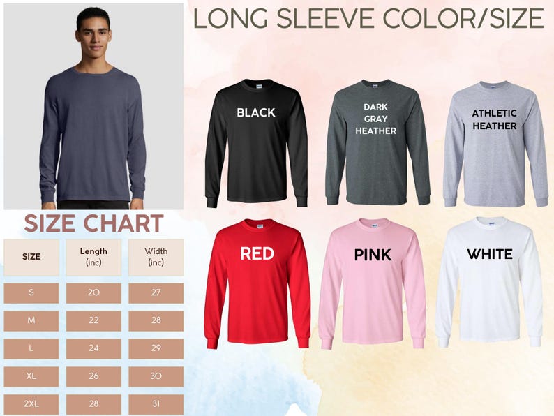 May include: A range of long-sleeved shirts in colours such as black, red, pink, and white. The image includes a size chart with measurements in inches, with lengths from 20 inches to 28 inches and widths from 27 inches to 31 inches.