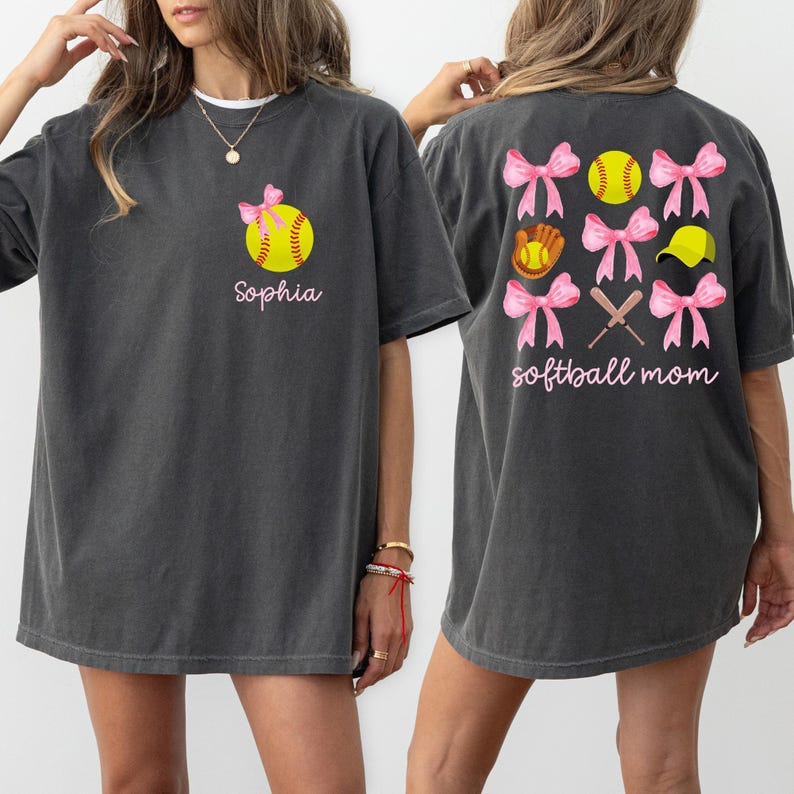 Comfort Colors® Custom Softball Mom Shirt, Coquette Softball Tee, Custom Softball Mama Tee, Mothers Day Gift, Game Day Shirt, Cheer Mom Tee image 1