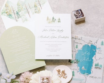 Lake Tahoe Watercolor Pine Tree Wedding Invitation