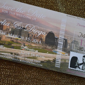 Invitation à la carte d’embarquement chilienne ou Enregistrer la date. Chili mariage invitatio