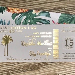 Pineapple Foil Boarding Pass Invite. Beach Wedding Invitation. Destination wedding save the date.  Foil wedding invitation.