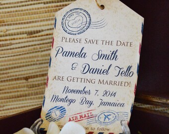 Luggage tag save the date. Destination wedding save the date. Vintage travel save the date.