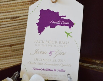 Destination Wedding Invitation. Save the Date Luggage Tag magnet. Dominican Republic Map