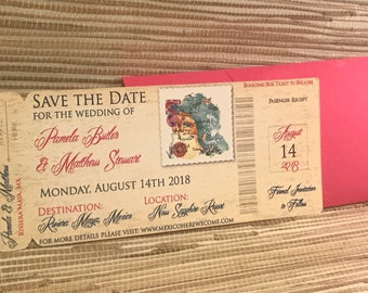 Mexico map Boarding Pass Save the Date, Cancun Save the Date. Riviera maya save the date