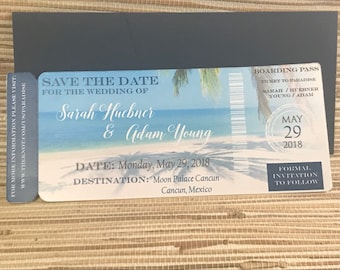 Boarding Pass Invite. Beach weeding invitation. Beach boarding pass invitation. Magnet Save the Date. Blue and aqua boarding pass