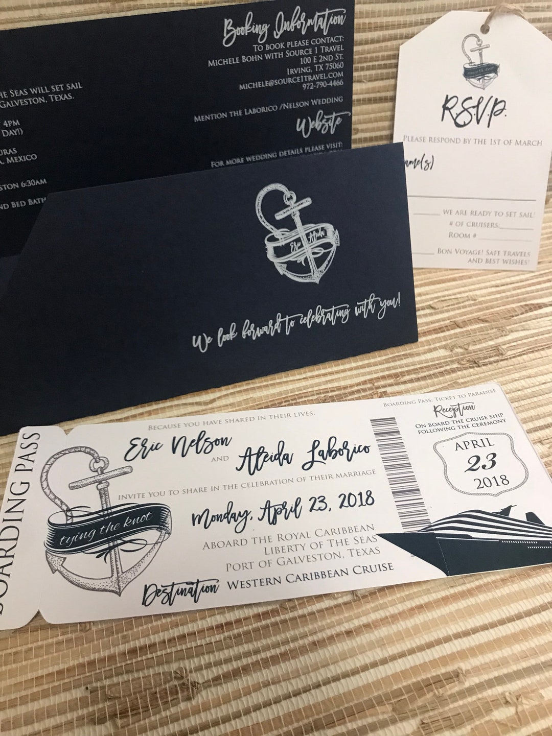 White and Navy Blue Cruise Wedding Invitation. Boarding Pass Wedding