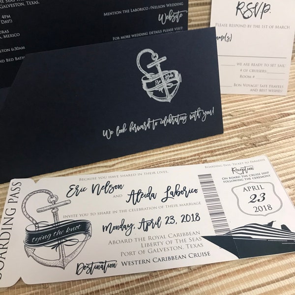 White and navy blue Cruise Wedding Invitation. Boarding Pass Wedding Invitation.  Nautical Wedding Invitation