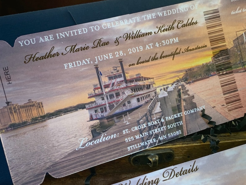 Minnesota river boat wedding invitation. Riverboat wedding invitation. Yacht wedding invitation. image 1