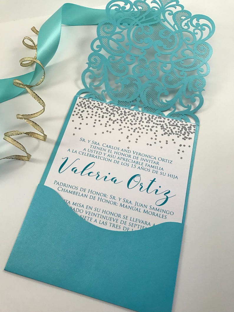Quinceanera Invitations Aqua And Silver Quince Invite Laser Etsy