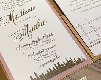 Chicago wedding invitation. Chicago skyline wedding invitation. Dusty rose cityscape invitation. Chicago wedding invitation