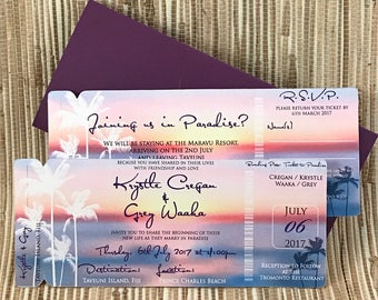 Boarding Pass Save the Date / Invitation. Destination Wedding Invitation. Sunset Palm Beach Design