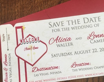 Las vegas save the date. Boarding pass wedding invitation.