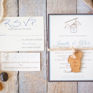 Winter Wedding Invitations with Custom Lake Tahoe Wood Charm.  Winter Wedding Invitation Suite.