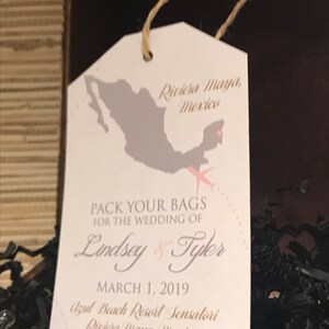 Destination Wedding Invitation. Save the Date Luggage Tag. Mexico save the date with blush and silver. Magnet luggage tag save the date. image 2