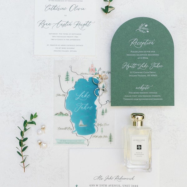 Vellum Lake Tahoe Map Wedding Invitation