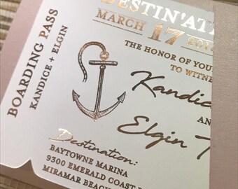 Foil Boarding Pass Invite. Beach Wedding Invitation. Destination wedding save the date.  Tropical wedding invitation. Save the date cards