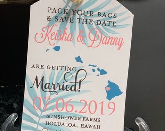 Hawaiian Save the Date.  Hawaii Save the Date Luggage Tag.  Magnet Luggage Tag