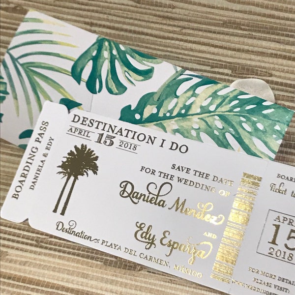 Palm fond Foil Boarding Pass Invite. Beach Wedding Invitation. Destination wedding save the date.  Foil wedding invitation.