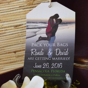 Luggage tag save the date. Save the Date with Engagement Photo. Customize with your photo. Magnet luggage tag save tjr date.