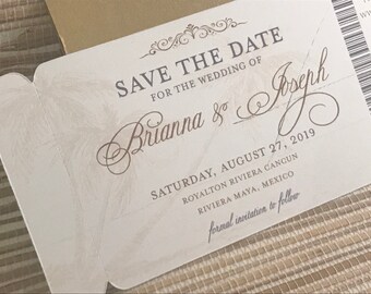 Formal Boarding Pass Invite. Beach weeding invitation. Beach boarding pass invitation. Magnet Save the Date. Gold and silver boarding pass