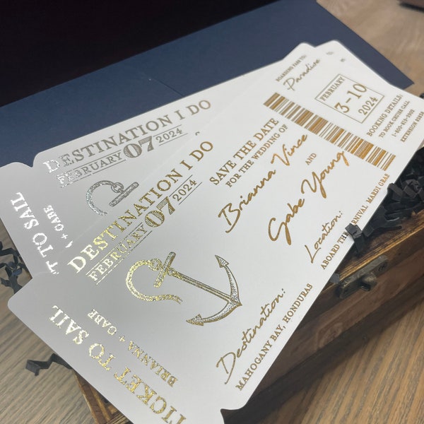 Foil Boarding Pass cruise Invite. Cruise Wedding Invitation. Destination wedding save the date.  Cruise Save the date cards
