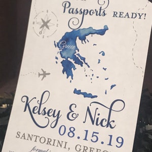 Greece save the date. Destination Wedding Invitation. Save the Date Luggage Tag. Santorini save the date.
