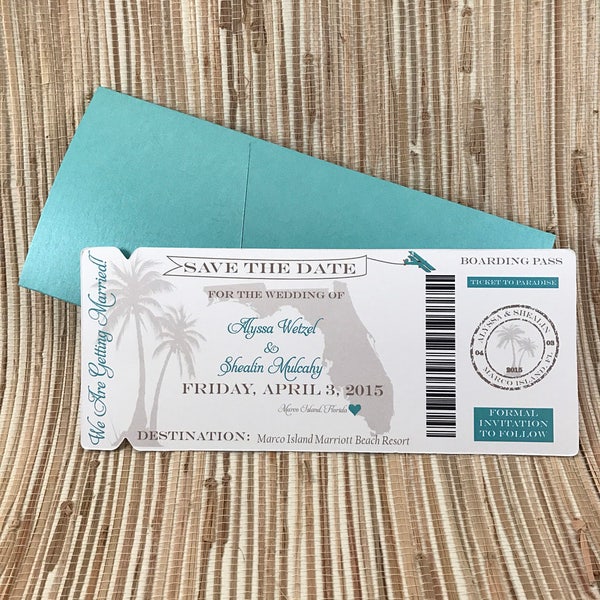 Boarding Pass Save the Date. Boarding Pass Invitation. Destination Wedding Invitation.  DEPOSIT: Florida Save The Date